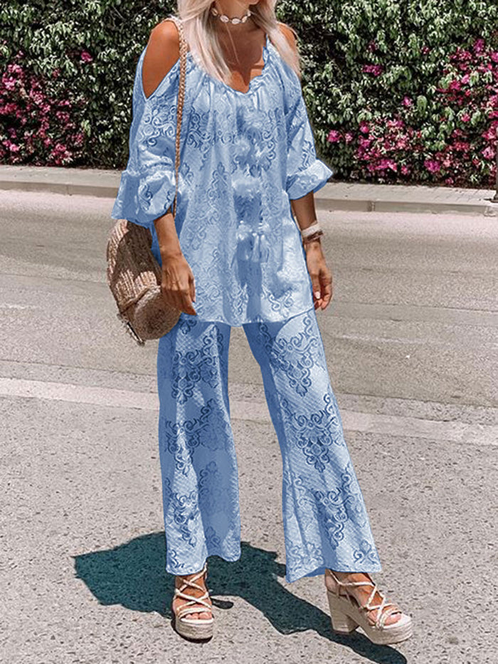 Fashion Casual V-neck Long Sleeve Hollow Printed Two-piece Set