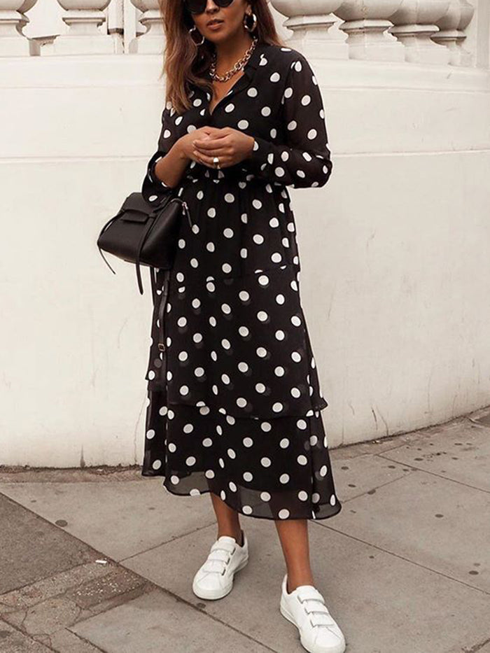 Fashion Polka Dot Printed Long Sleeve Casual Shirt Dress