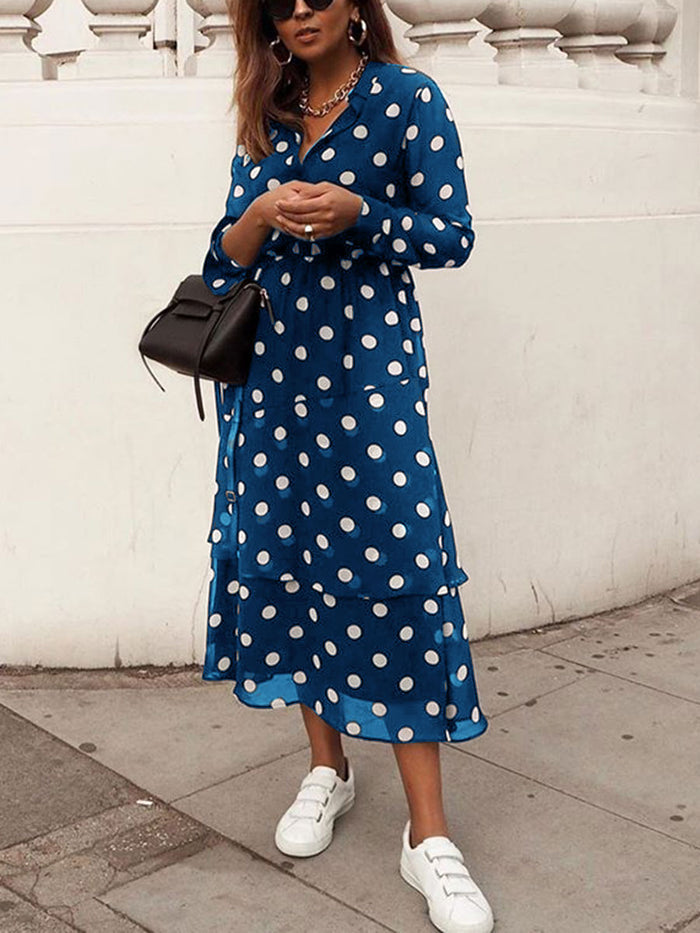 Fashion Polka Dot Printed Long Sleeve Casual Shirt Dress