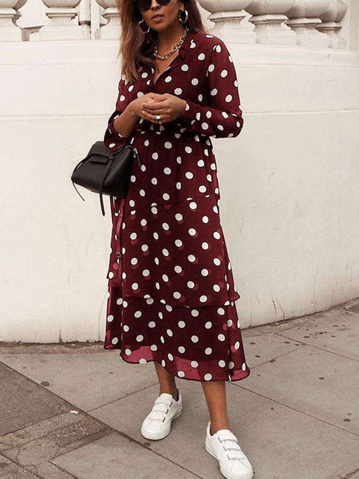 Fashion Polka Dot Printed Long Sleeve Casual Shirt Dress