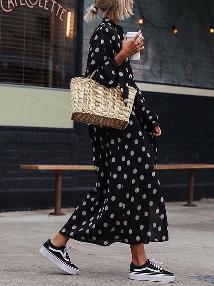Fashion Polka Dot Printed Long Sleeve Casual Shirt Dress