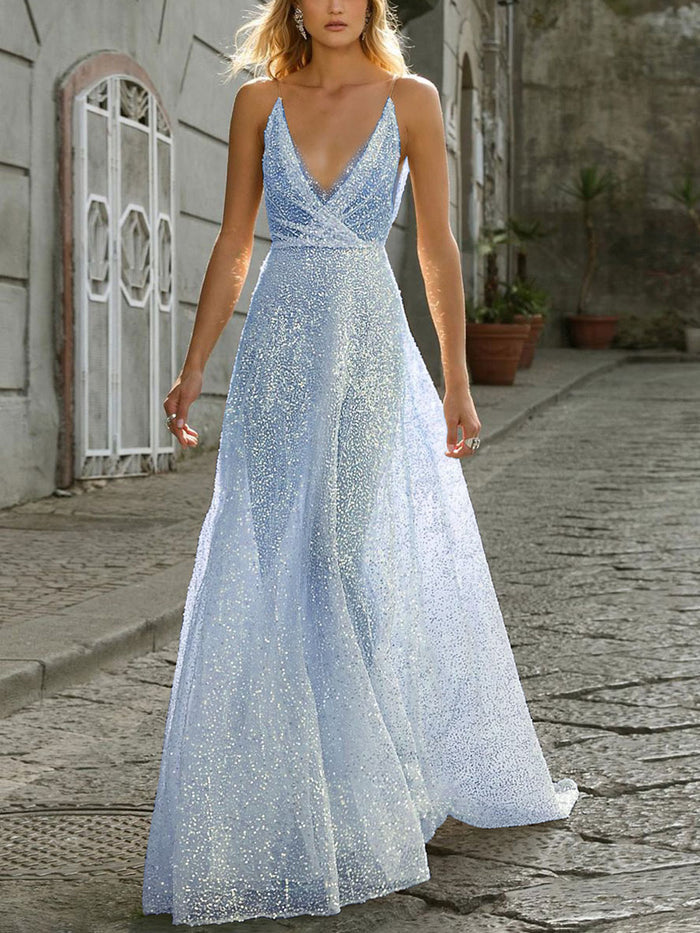 Fashion Sexy Sequin Suspenders Deep V-neck Mopping Evening Dress