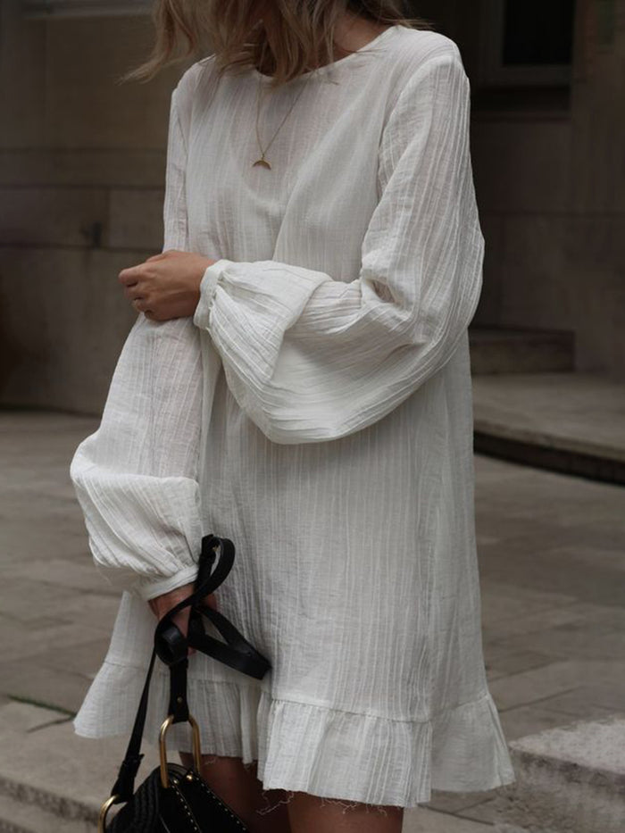 Fashionable Solid Color Round Neck Long Sleeve Dress