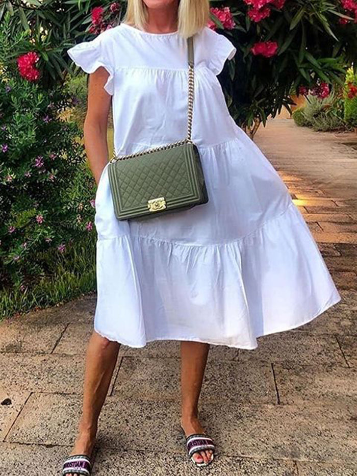 Fashionable Solid Color Round Neck Ruffle Sleeve Dress
