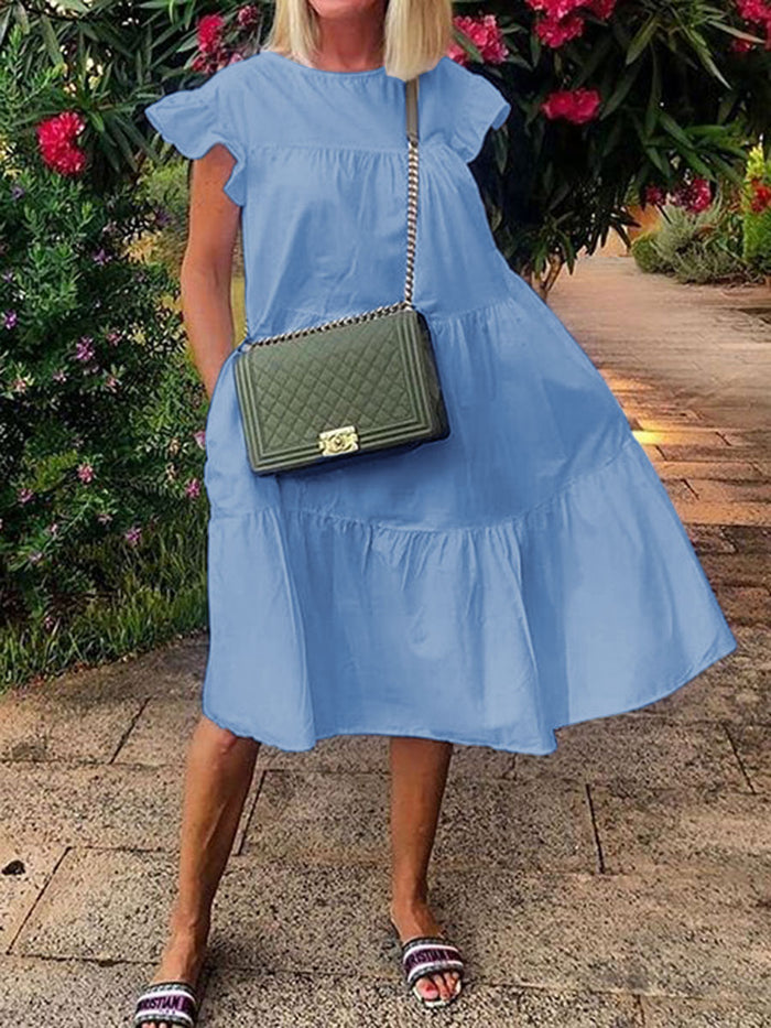 Fashionable Solid Color Round Neck Ruffle Sleeve Dress