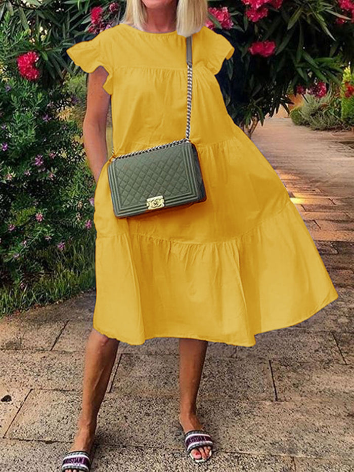 Fashionable Solid Color Round Neck Ruffle Sleeve Dress