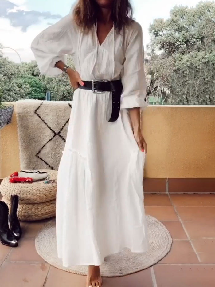 Fashionable Solid Color V-neck Casual Dress