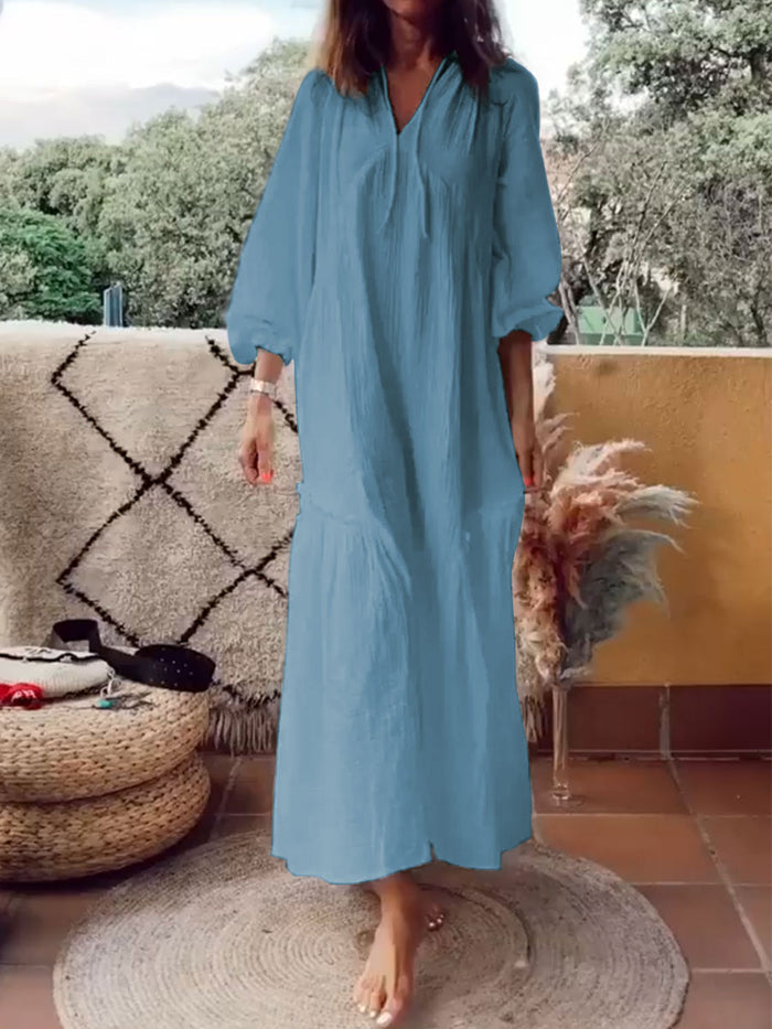 Fashionable Solid Color V-neck Casual Dress