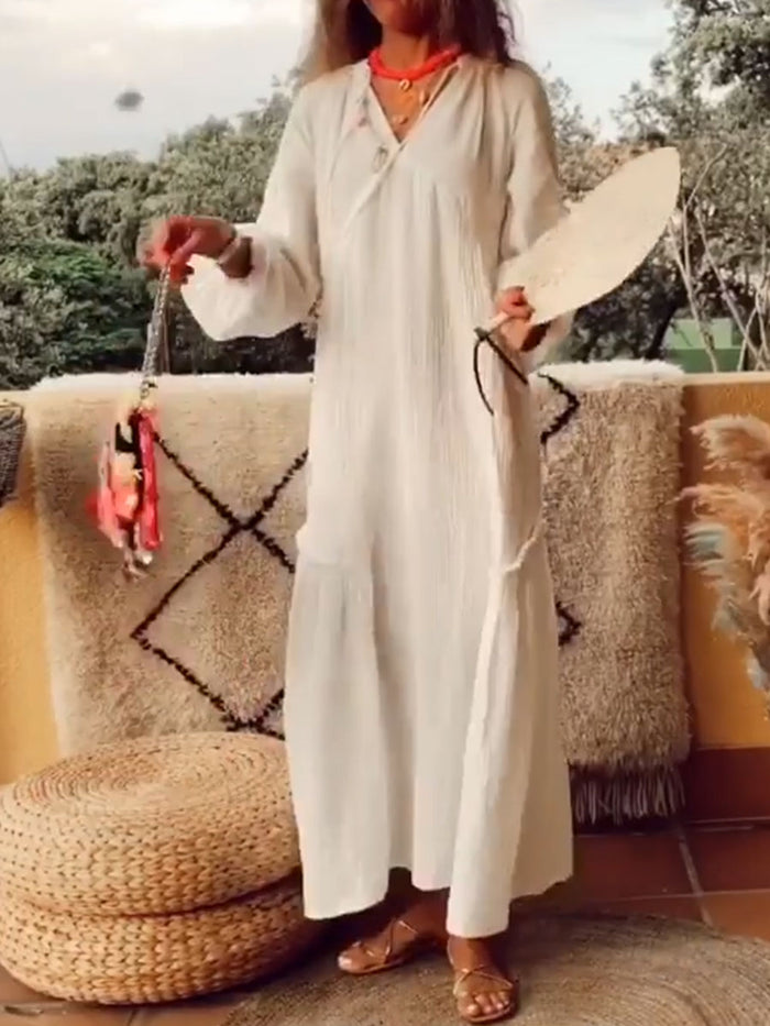 Fashionable Solid Color V-neck Casual Dress