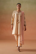 Faye light peach 3-piece ready-to-wear outfit with embroidered lawn shirt, cambric culotte trouser, and printed crinkle chiffon dupatta.