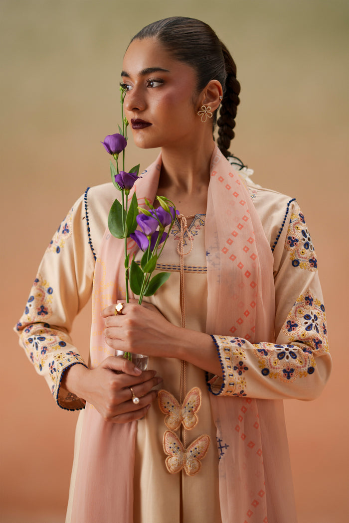 Close-up of Faye light peach embroidered neckline, tassel detail, quarter sleeves, and printed crinkle chiffon dupatta.