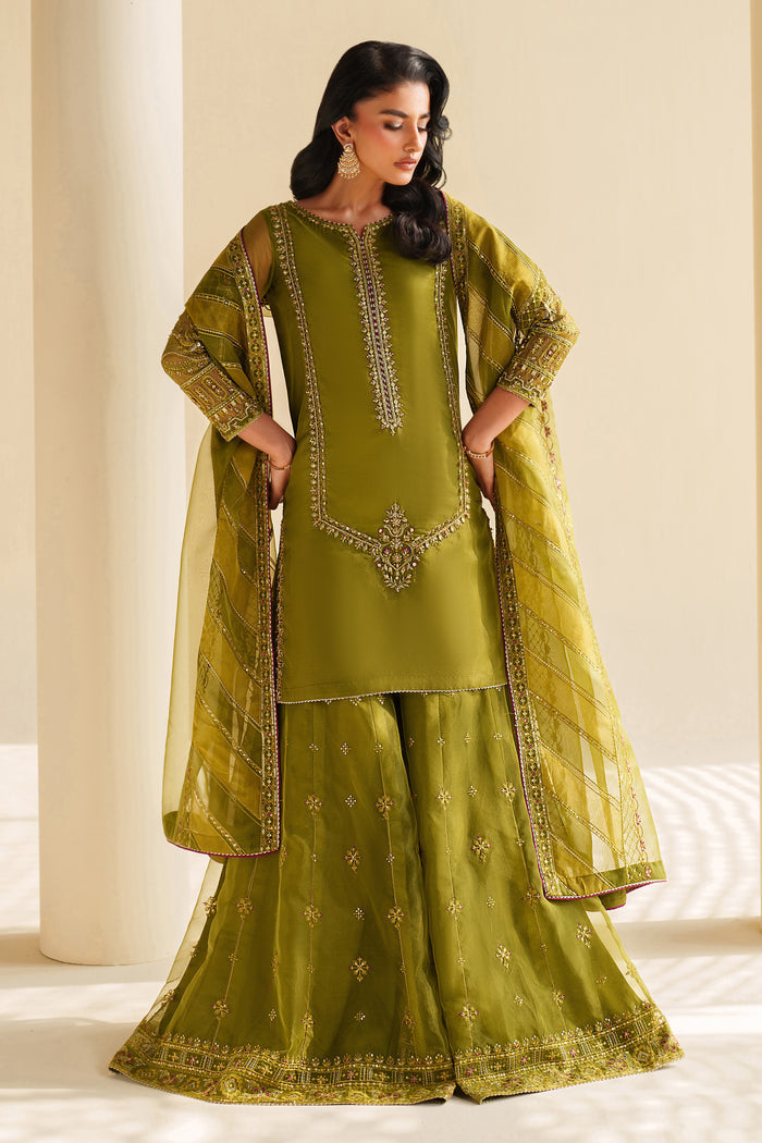 Woman wearing a green traditional outfit with embroidery against a neutral background