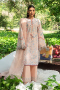 Fizba soft pink lawn 3 piece ready to wear outfit with white thread embroidery, straight cambric trouser and cotton organza dupatta for summer day events