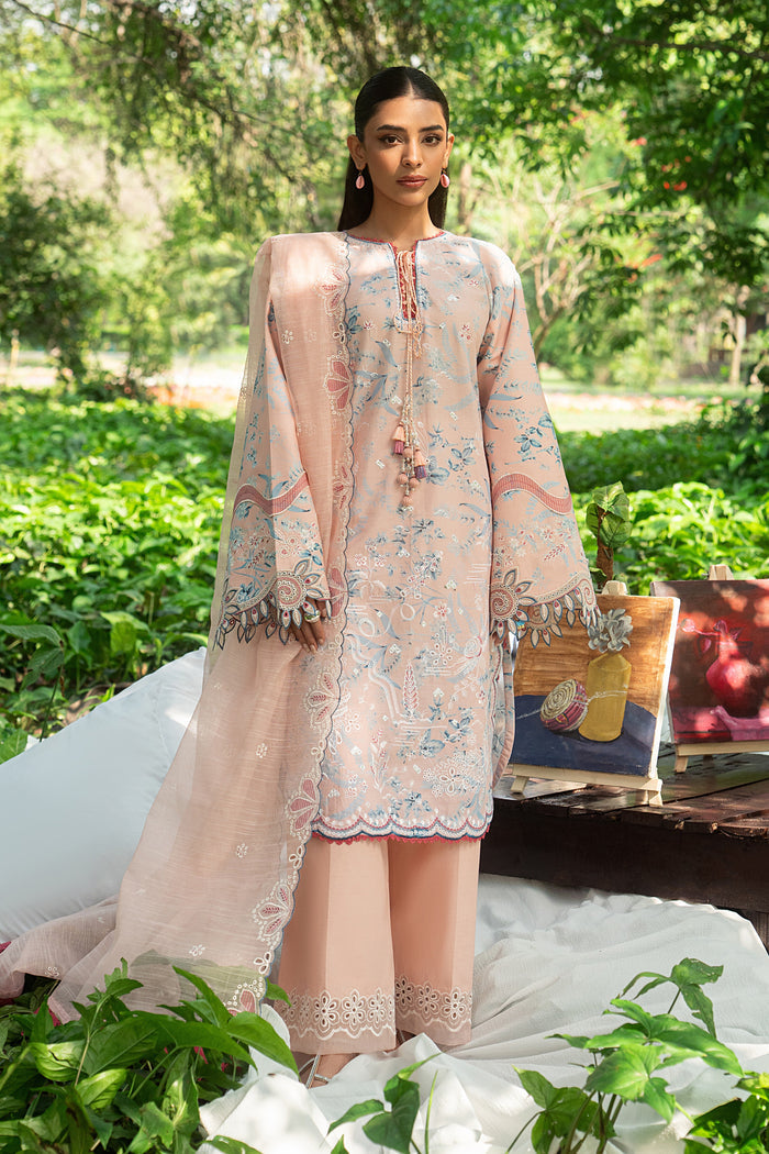 Fizba soft pink lawn 3 piece ready to wear outfit with white thread embroidery, straight cambric trouser and cotton organza dupatta for summer day events