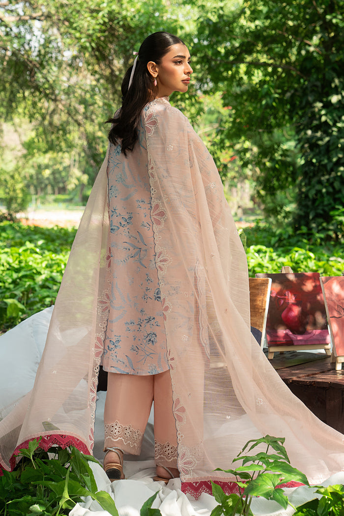 Back view of Fizba pink lawn shirt with loose fit, soft embroidery and airy cotton organza dupatta for a graceful summer look