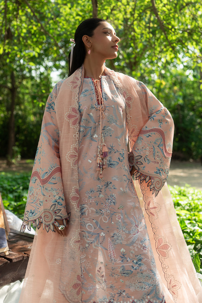 Front full look of Fizba pink embroidered lawn outfit showing neat thread work, clean neckline and balanced straight fall design