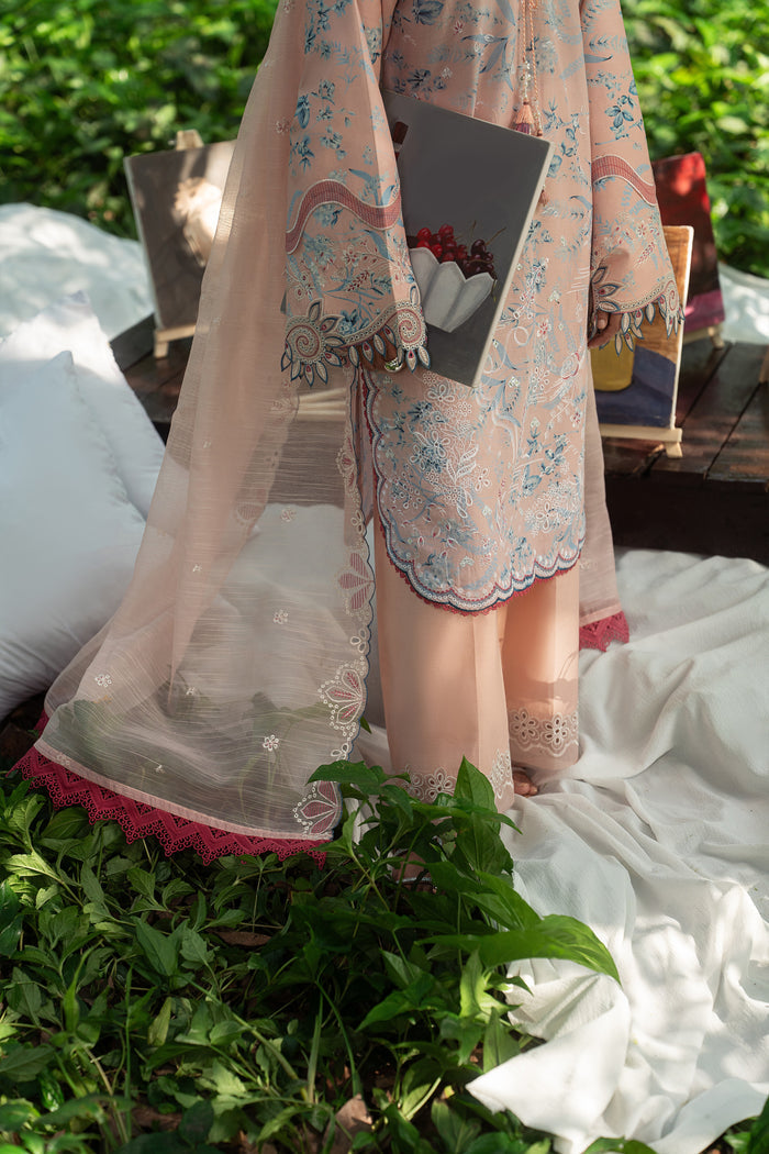 Close look of Fizba pink outfit showing detailed hem embroidery, organza trouser finishing and neat lace elements