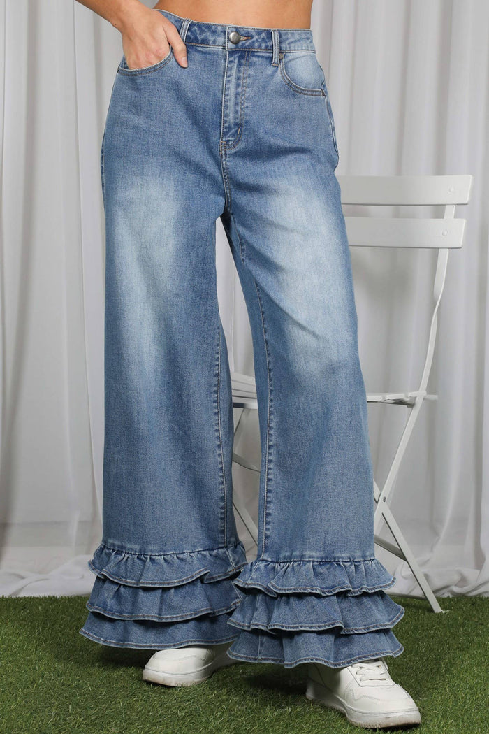 Flared Ruffle Hem Cropped Pants Denim Jeans
