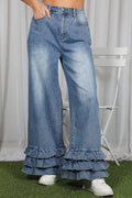 Flared Ruffle Hem Cropped Pants Denim Jeans