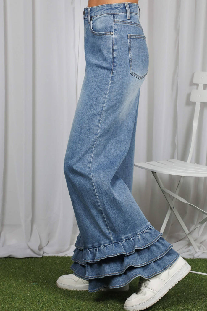 Flared Ruffle Hem Cropped Pants Denim Jeans