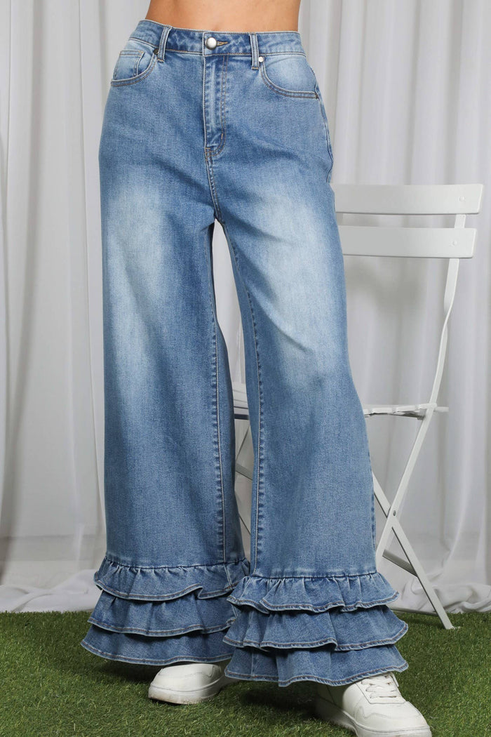 Flared Ruffle Hem Cropped Pants Denim Jeans