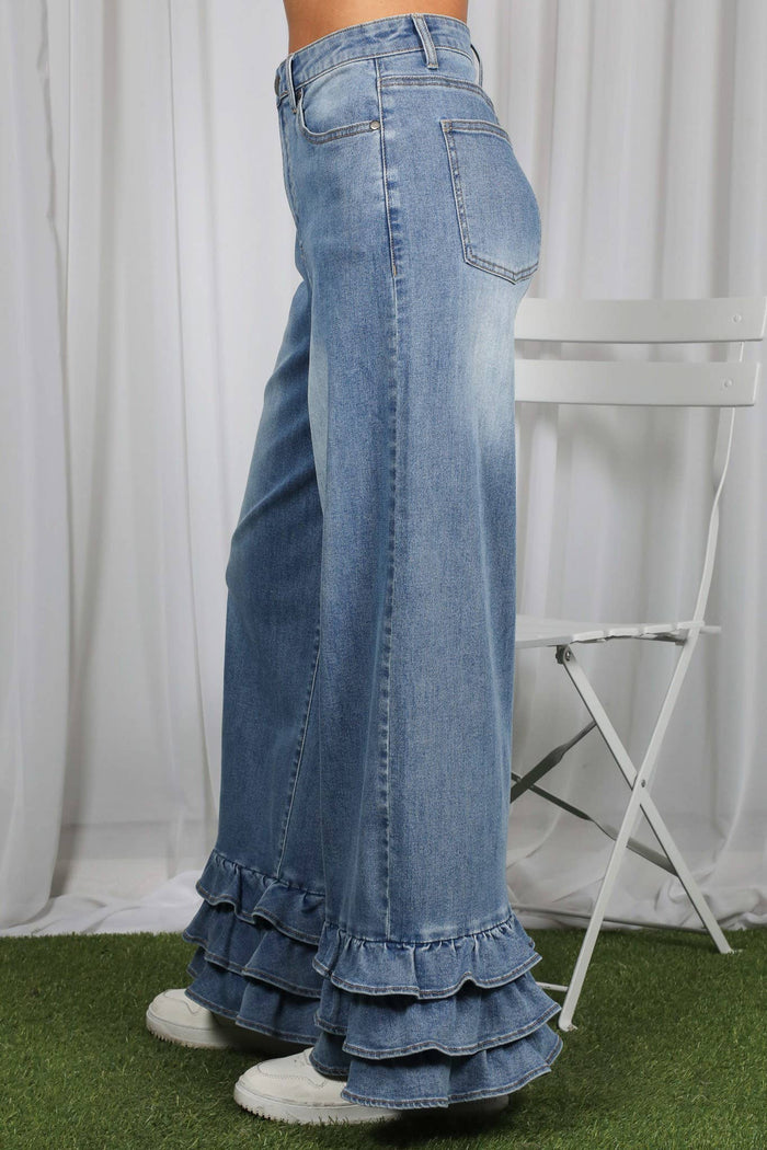 Flared Ruffle Hem Cropped Pants Denim Jeans