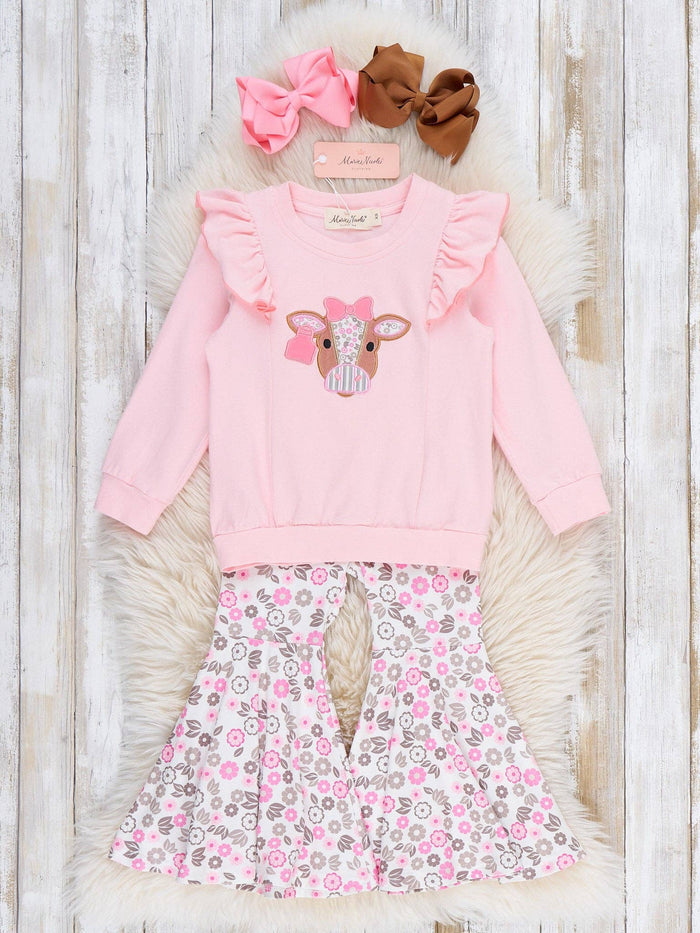 Floral Cow Cutie Ruffle Bell Bottom Outfit