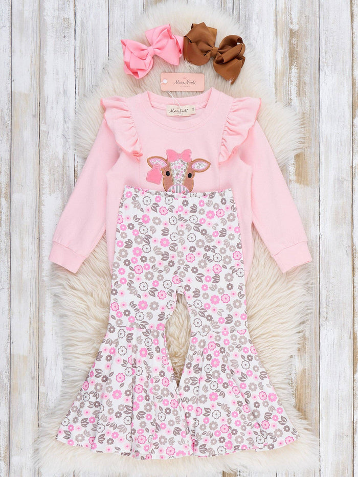 Floral Cow Cutie Ruffle Bell Bottom Outfit