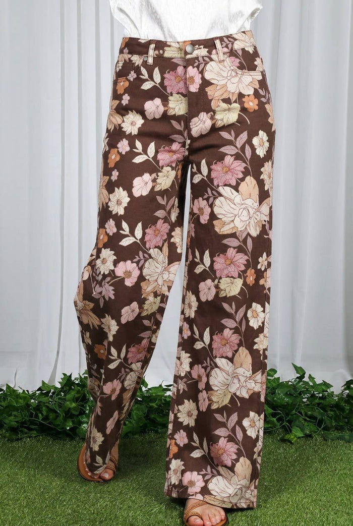 Floral Print Straight Leg Cotton Span Jean Pants