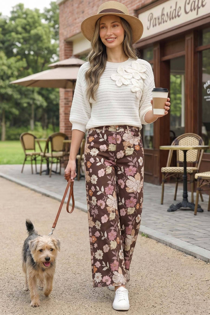 Floral Print Straight Leg Cotton Span Jean Pants
