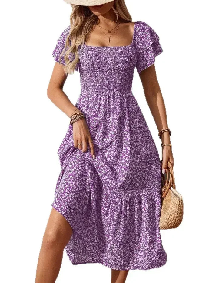 Floral Smocked Midi Dress Square Neck Ruffle Sleeve