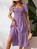 Floral Smocked Midi Dress Square Neck Ruffle Sleeve