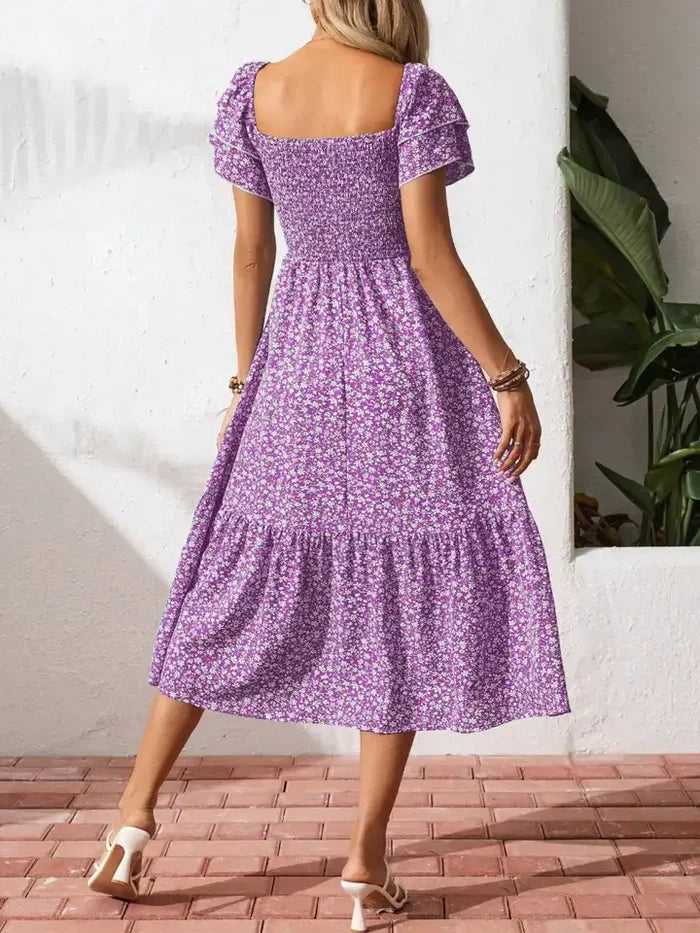 Floral Smocked Midi Dress Square Neck Ruffle Sleeve