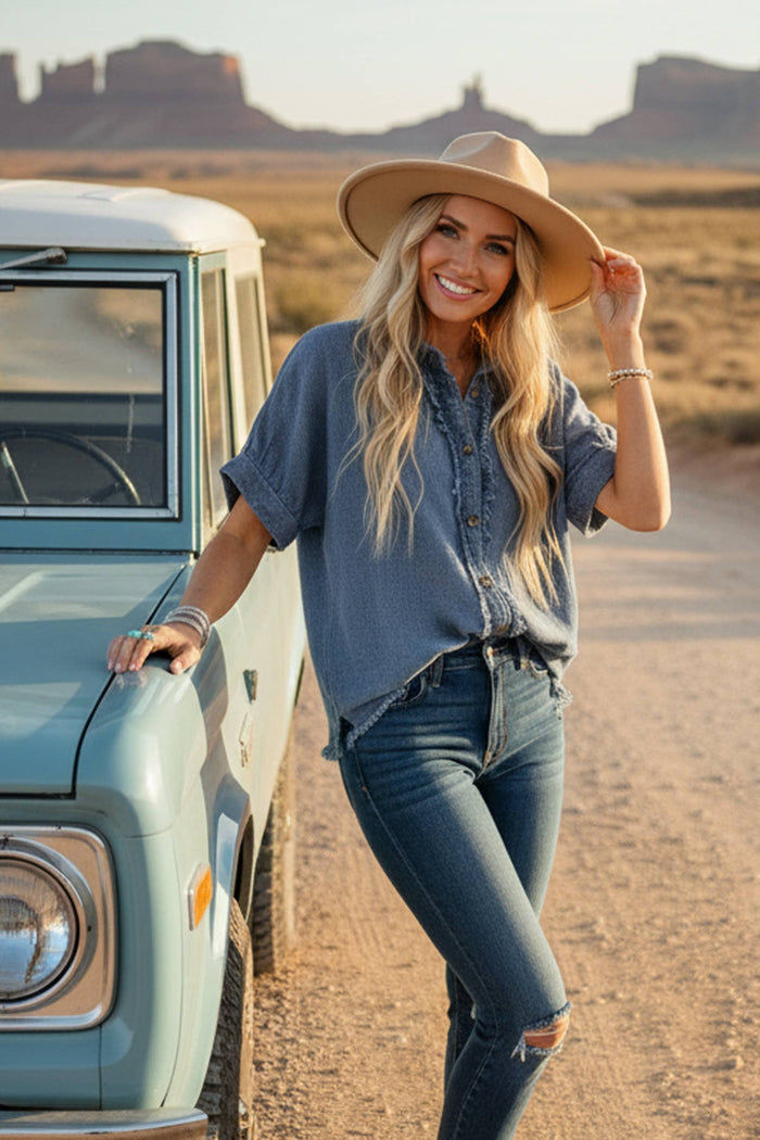 Frayed Trim Denim Button Top