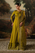 Ghina olive green 3-piece semi-formal outfit with Indian Raw Silk A-line frock, PK Raw Silk sharara and embroidered Organza dupatta in a full front view.