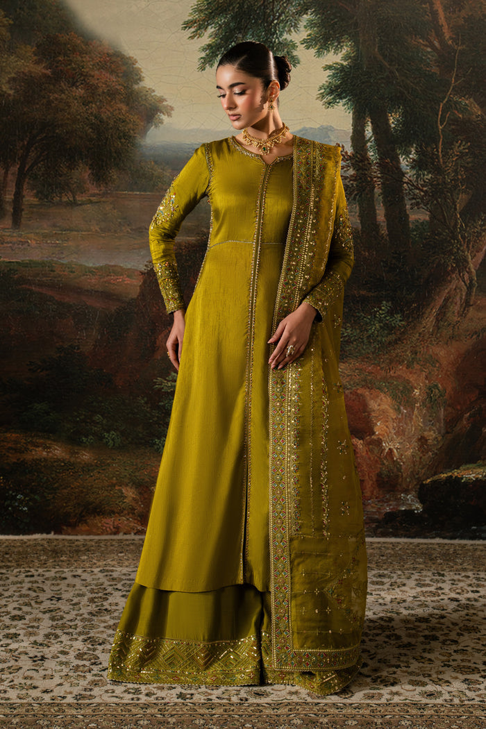 Ghina olive green 3-piece semi-formal outfit with Indian Raw Silk A-line frock, PK Raw Silk sharara and embroidered Organza dupatta in a full front view.