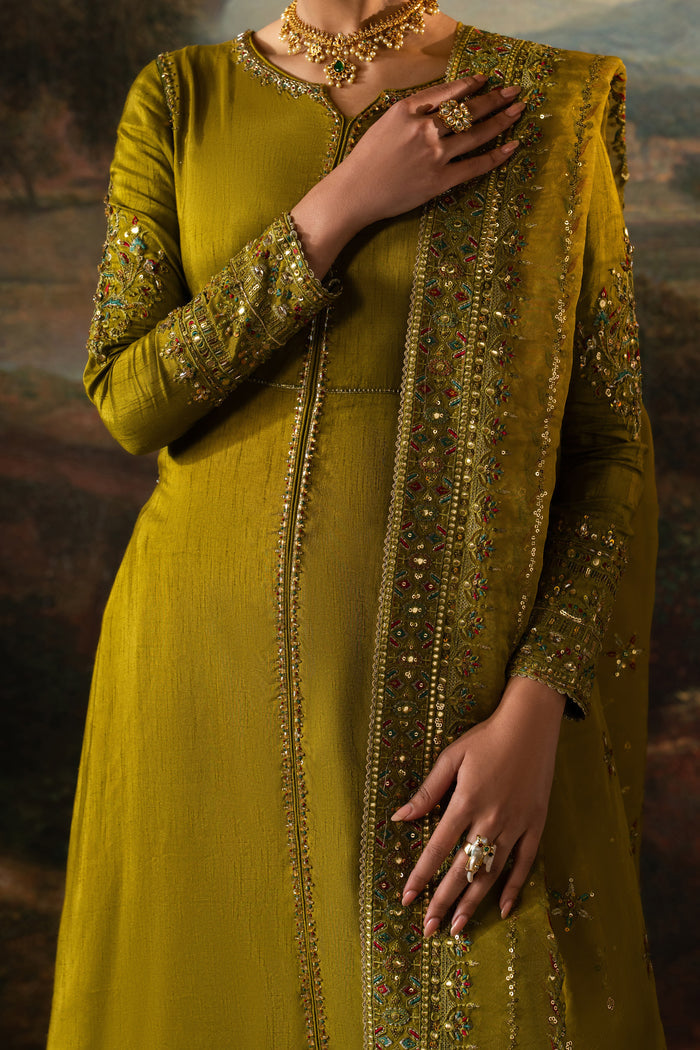 Close-up of Ghina showing adda work, embroidery, sequins and detailed sleeve finishing on the Indian Raw Silk frock.