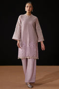 Gigil light purple 2-piece evening wear with geometric embroidered Line Organza shirt and embroidered PK Raw Silk bell-bottom trousers.