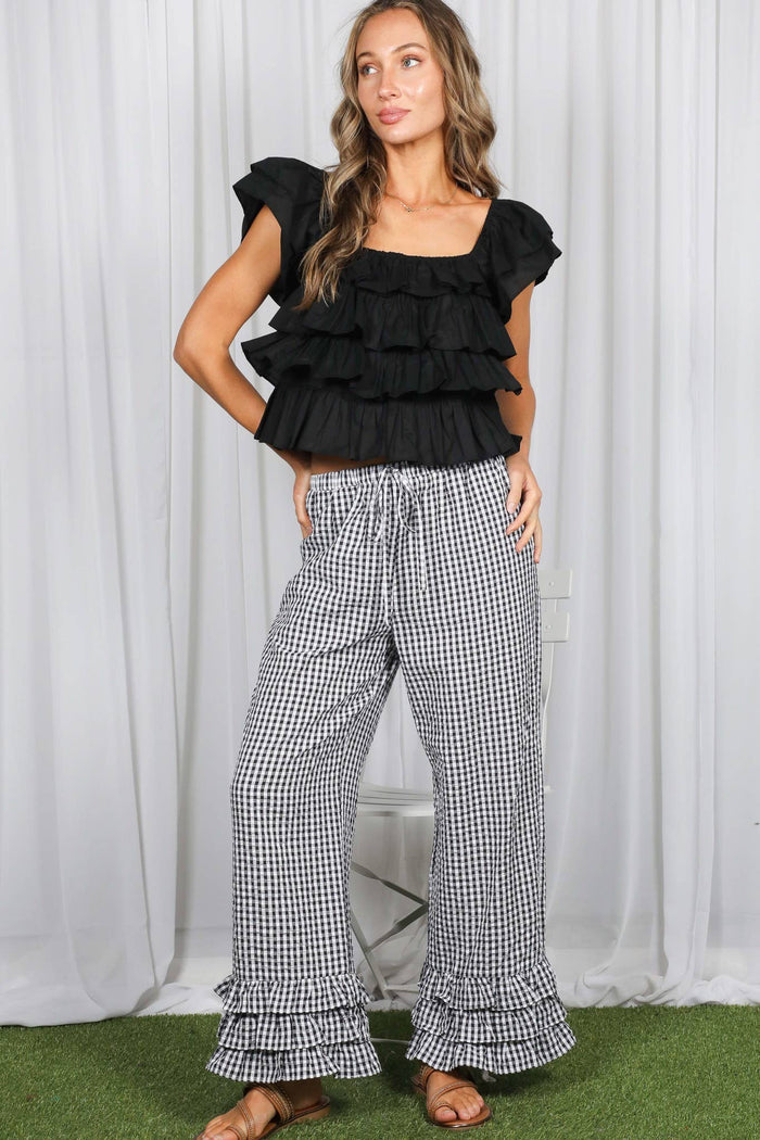 Gingham Layered Ruffle Hem Cropped Pants VP83333A