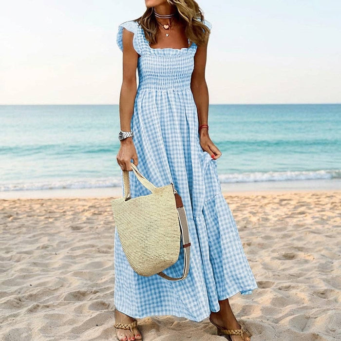 Gingham Smocked Maxi Dress Square Neck Summer