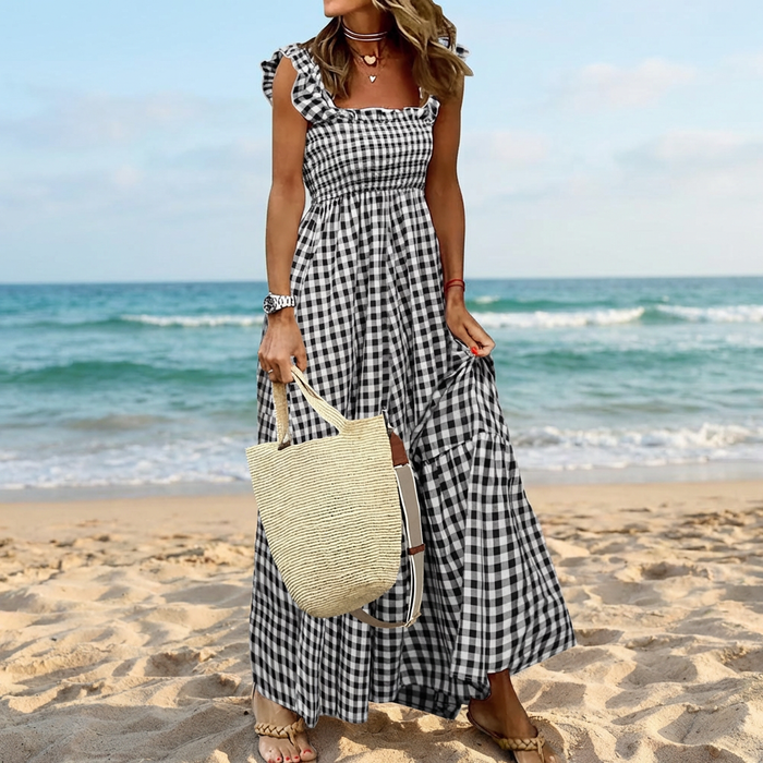 Gingham Smocked Maxi Dress Square Neck Summer