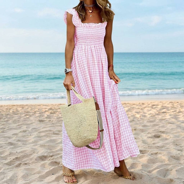 Gingham Smocked Maxi Dress Square Neck Summer