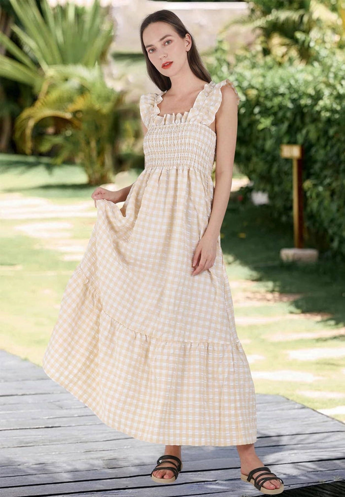 Gingham Smocked Maxi Dress Square Neck Summer