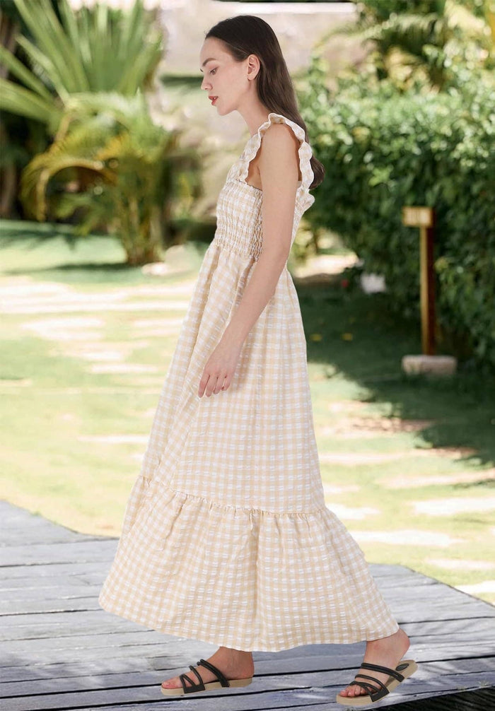 Gingham Smocked Maxi Dress Square Neck Summer