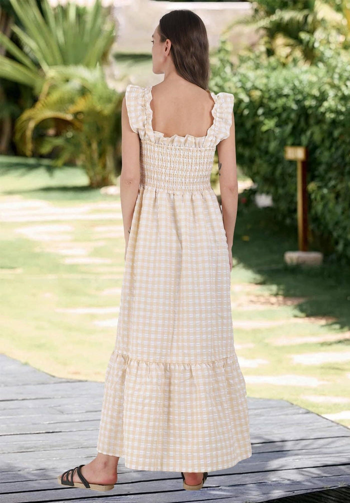 Gingham Smocked Maxi Dress Square Neck Summer
