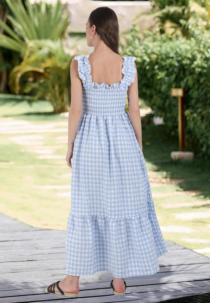 Gingham Smocked Maxi Dress Square Neck Summer
