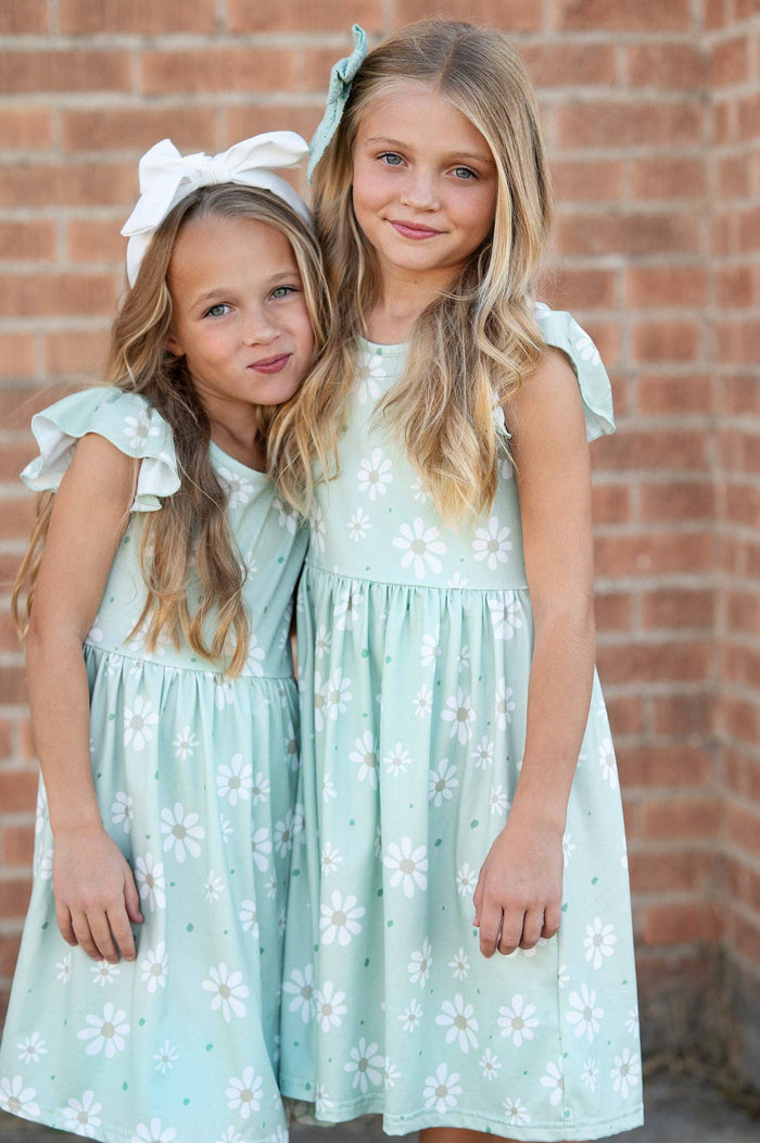 Girls Claire Sage Daisy Flutter Sleeve Dress