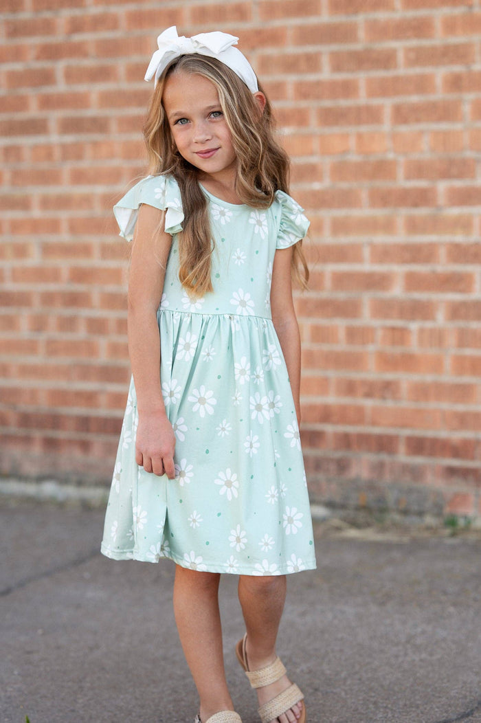 Girls Claire Sage Daisy Flutter Sleeve Dress