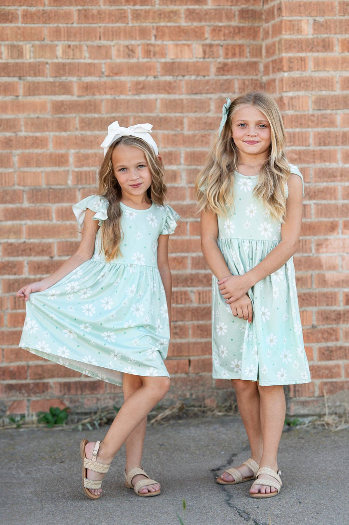 Girls Claire Sage Daisy Flutter Sleeve Dress