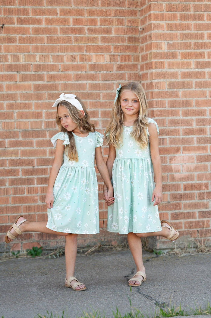 Girls Claire Sage Daisy Flutter Sleeve Dress